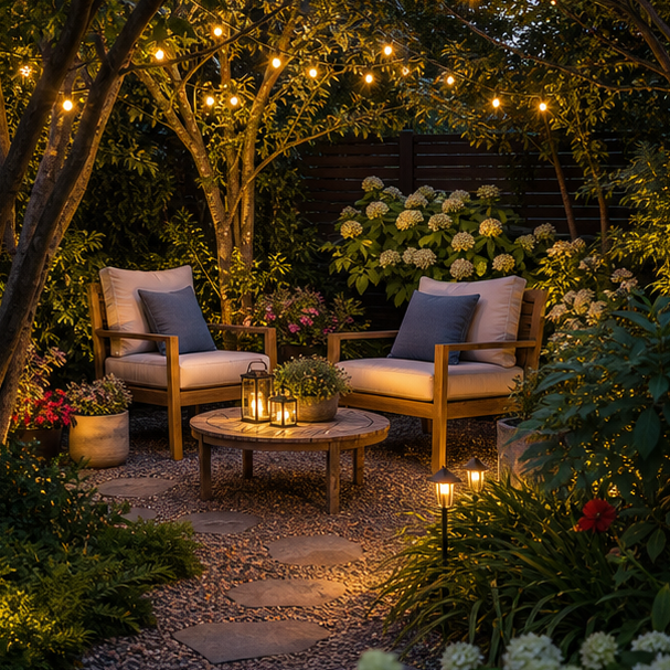 Garden Seating Area Ideas soft evening glow