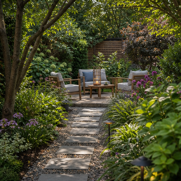 Garden Seating Area Ideas pathway view