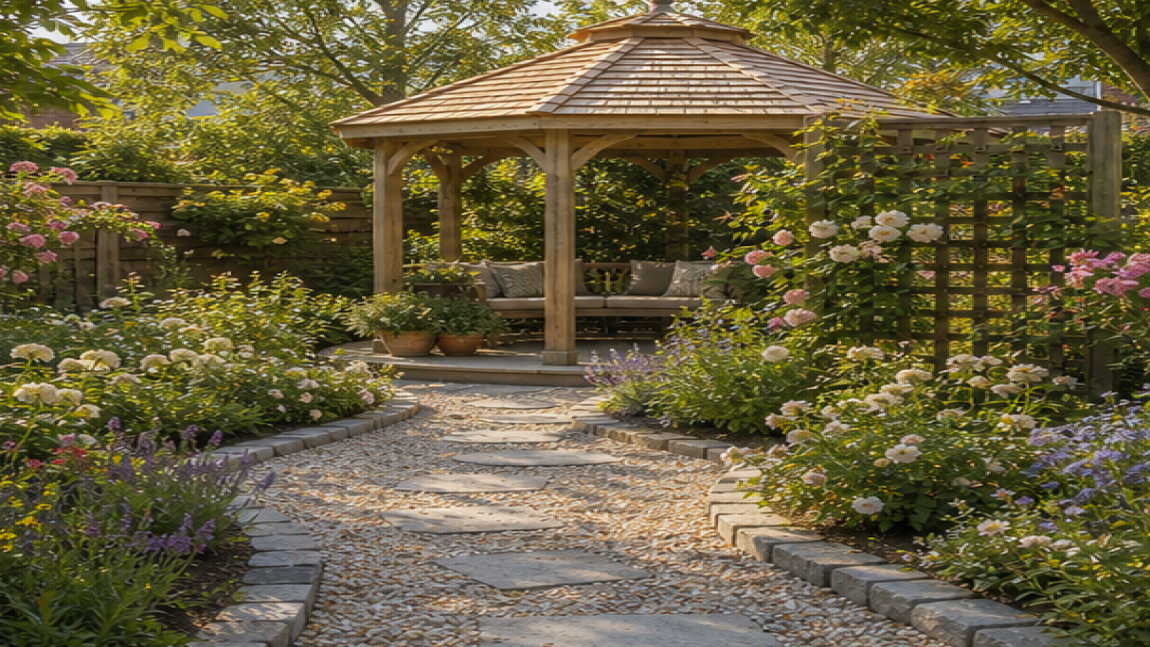 Gazebo Garden Ideas with a light gravel path