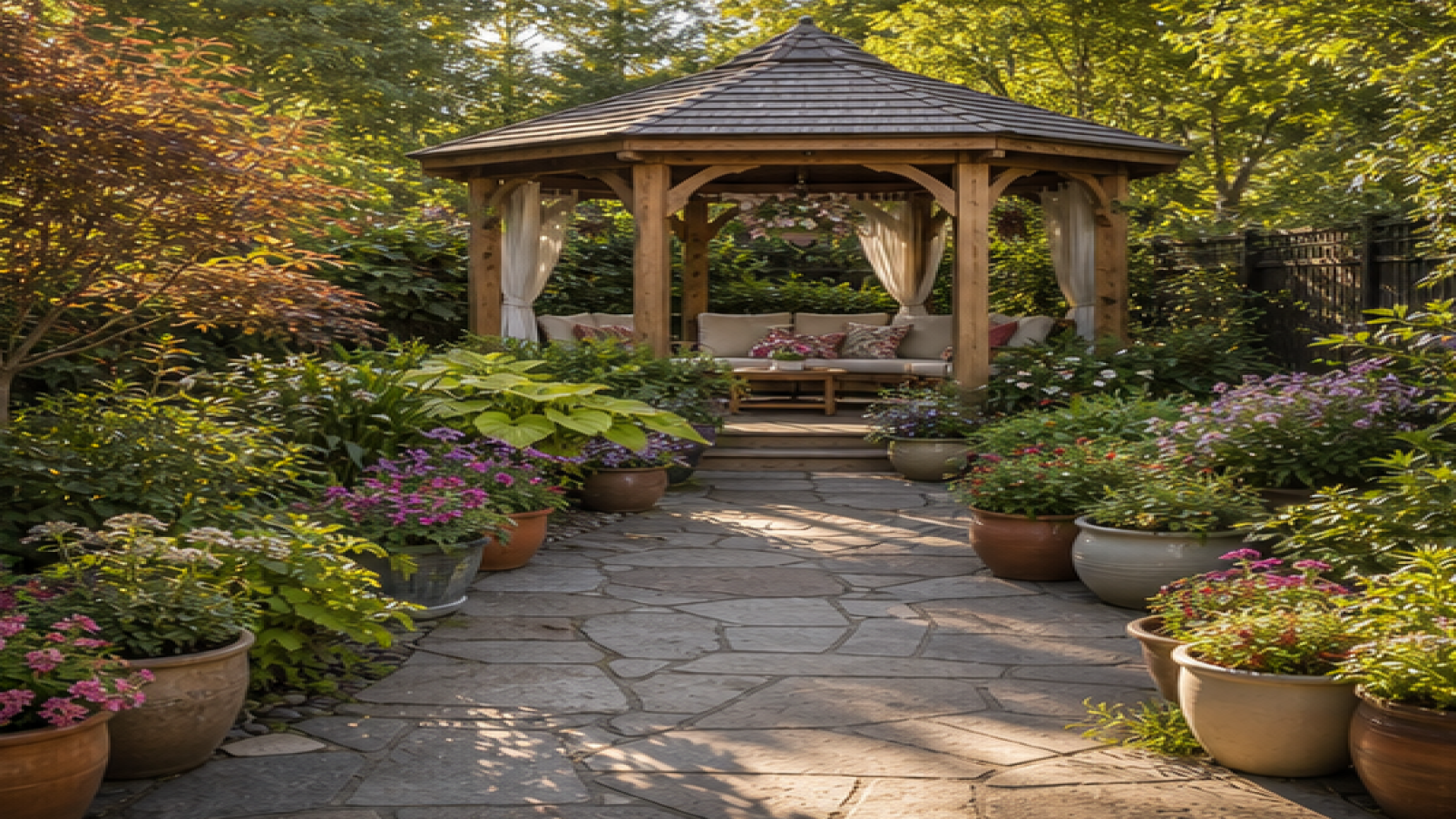 Gazebo Garden Ideas with potted plant accents