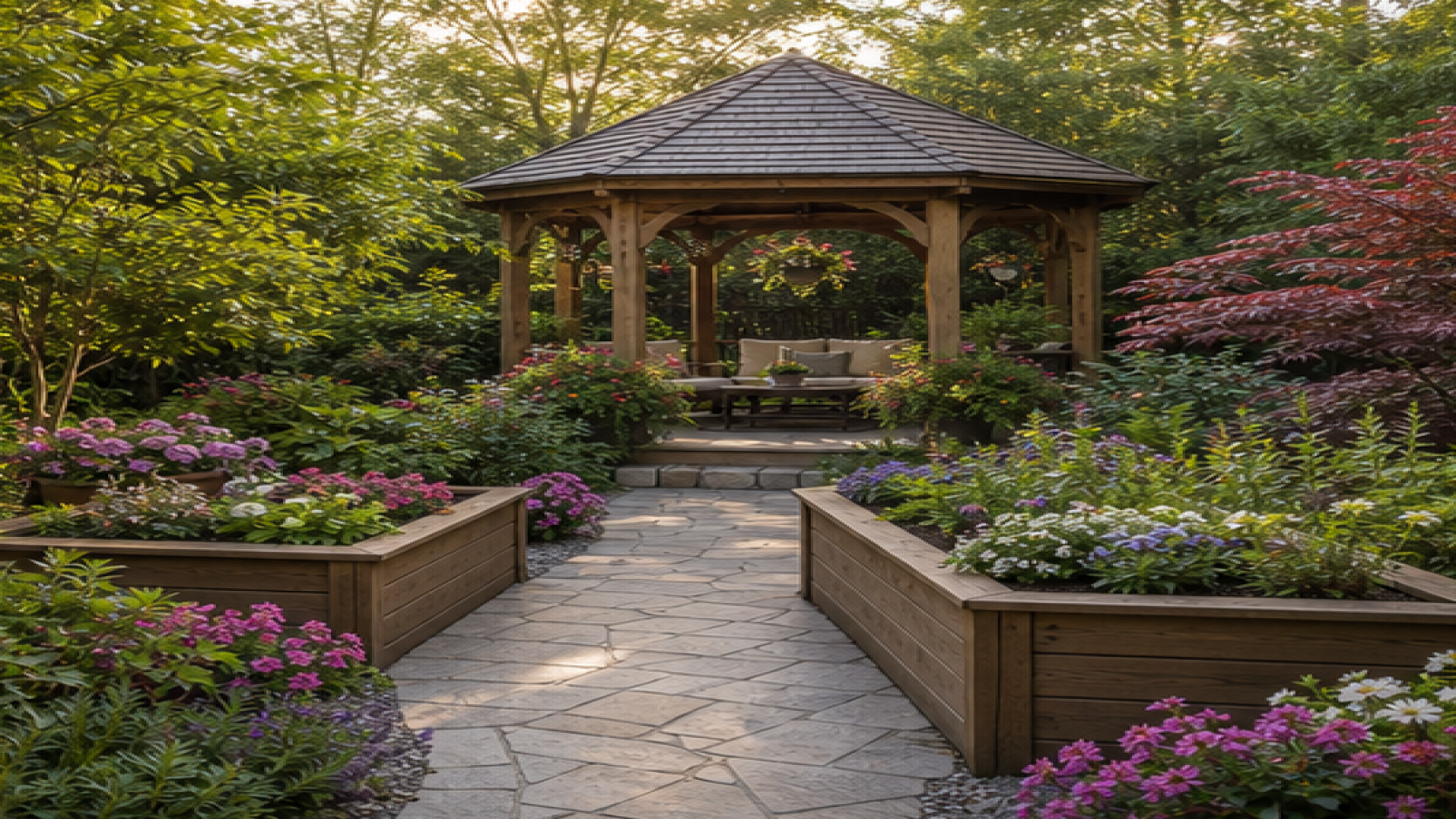 Gazebo Garden Ideas with raised planters