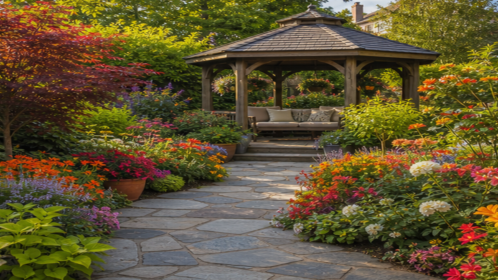 Gazebo Garden Ideas with seasonal color planting