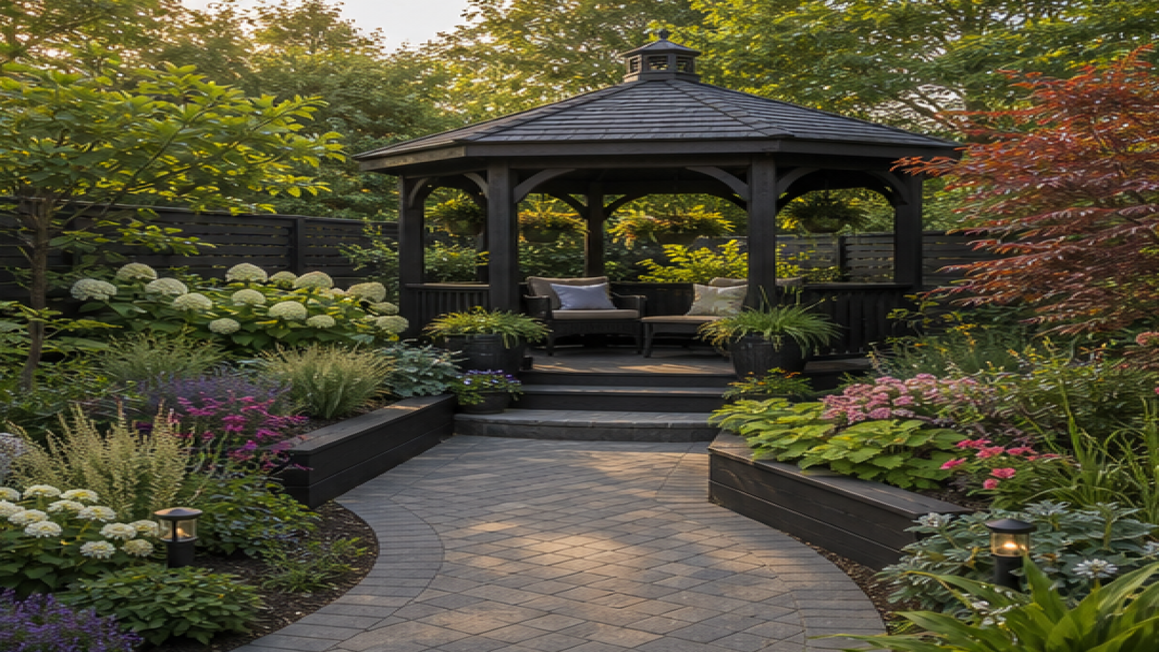 Gazebo Garden Ideas with dark wood accents