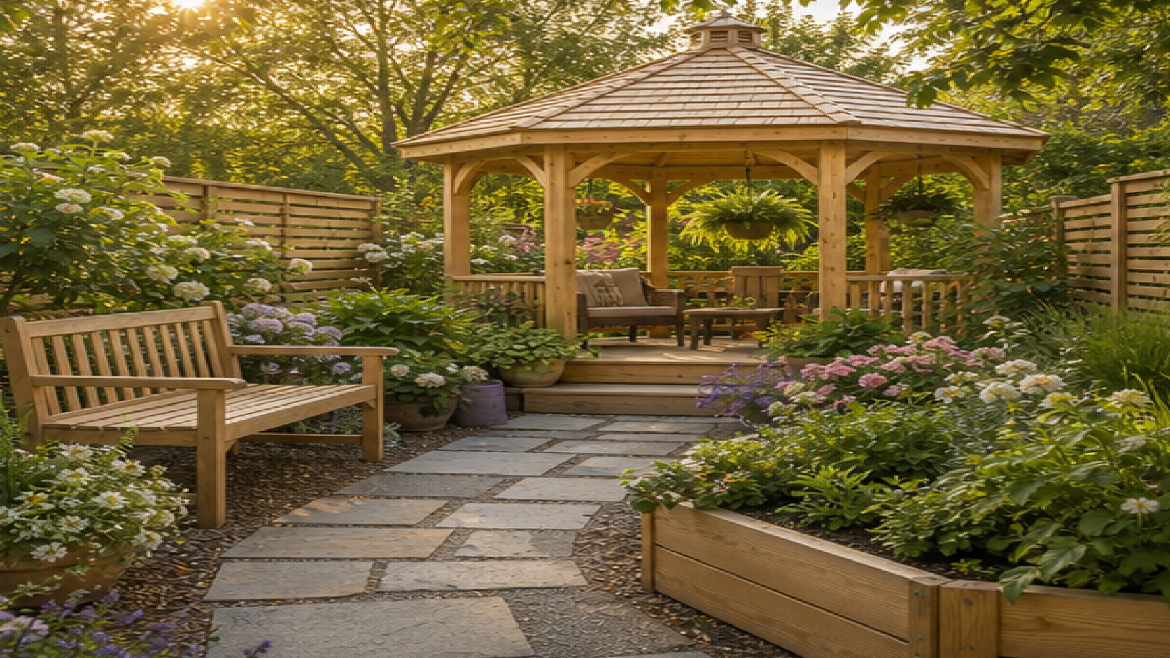 Gazebo Garden Ideas with natural wood accents