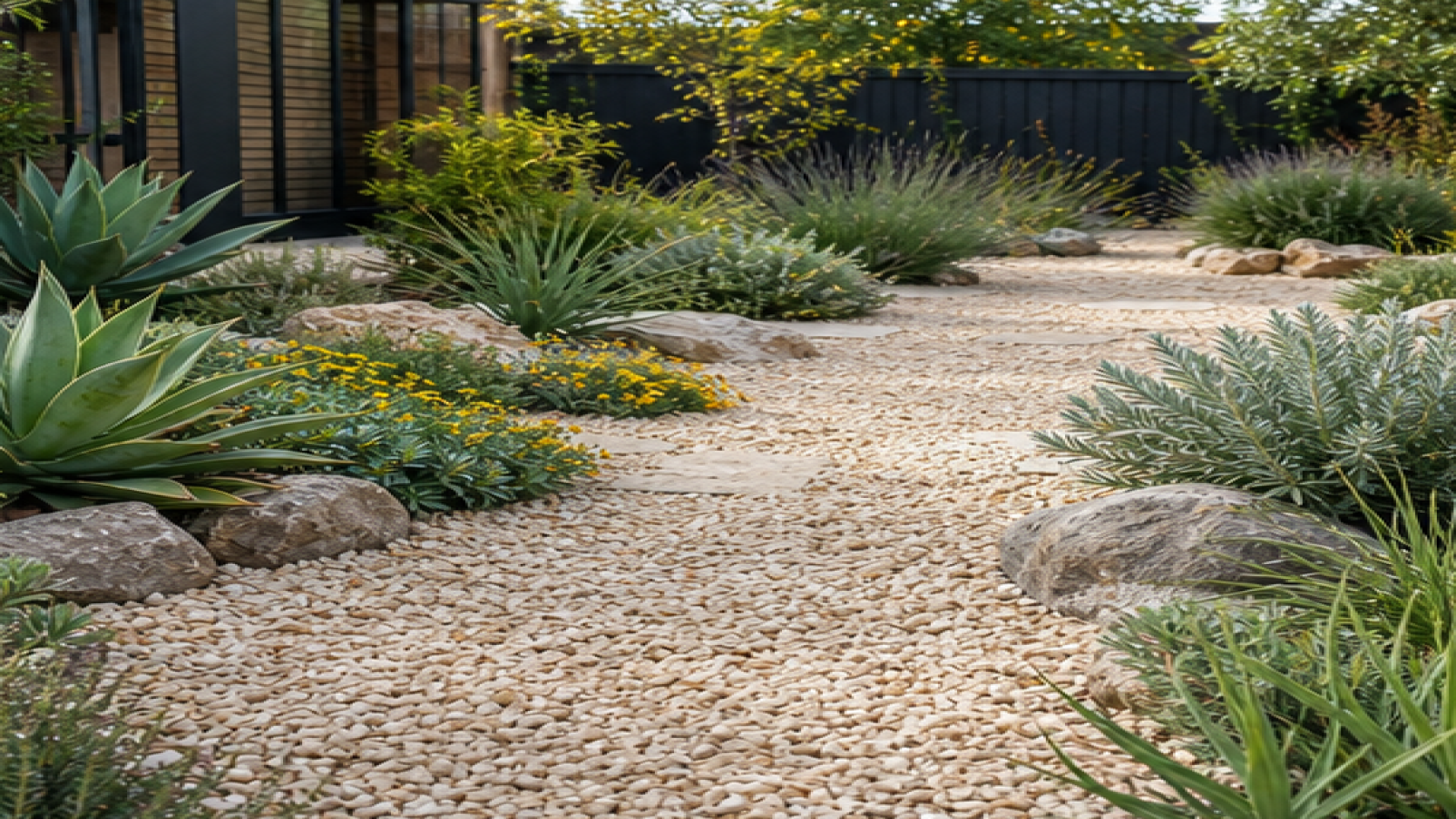 Low Maintenance Garden Ideas with a light gravel path