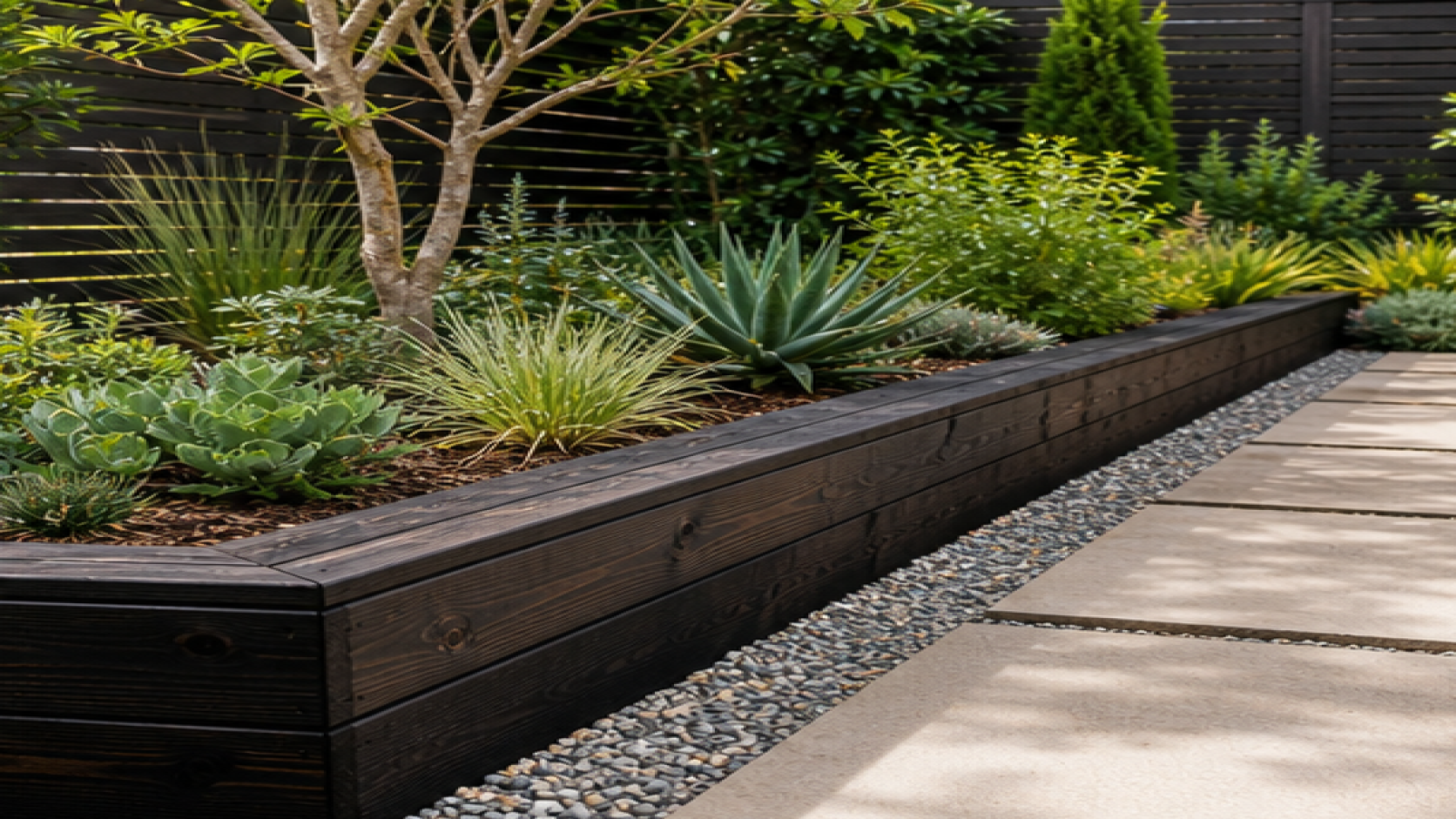Low Maintenance Garden Ideas with dark wood accents