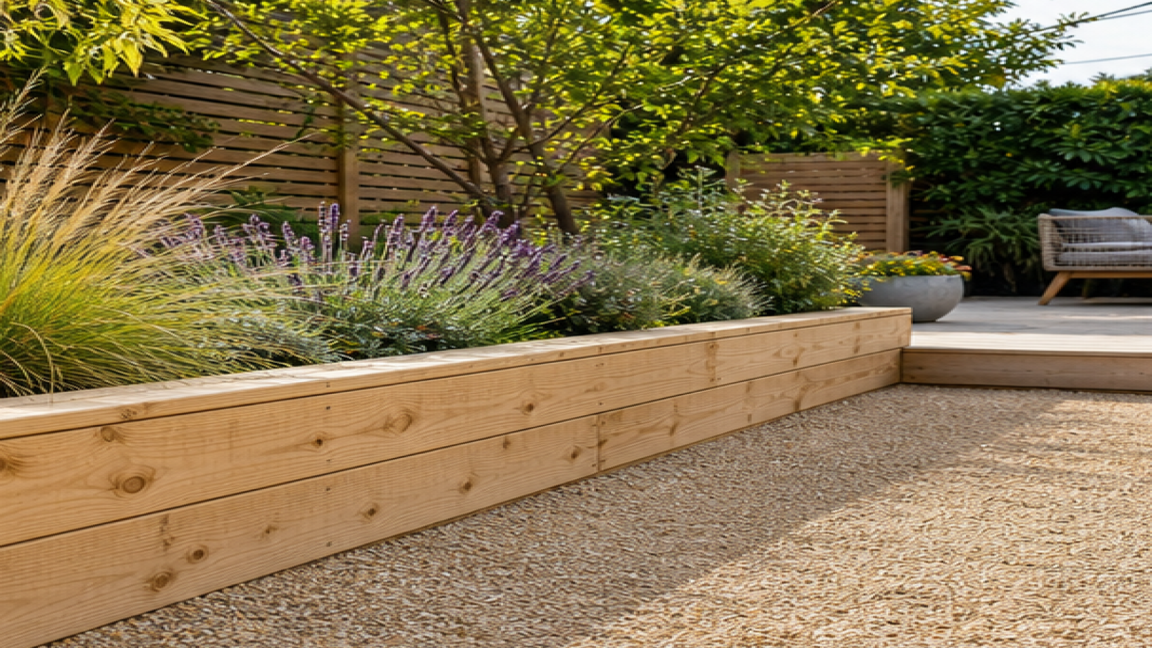 Low Maintenance Garden Ideas with natural wood accents