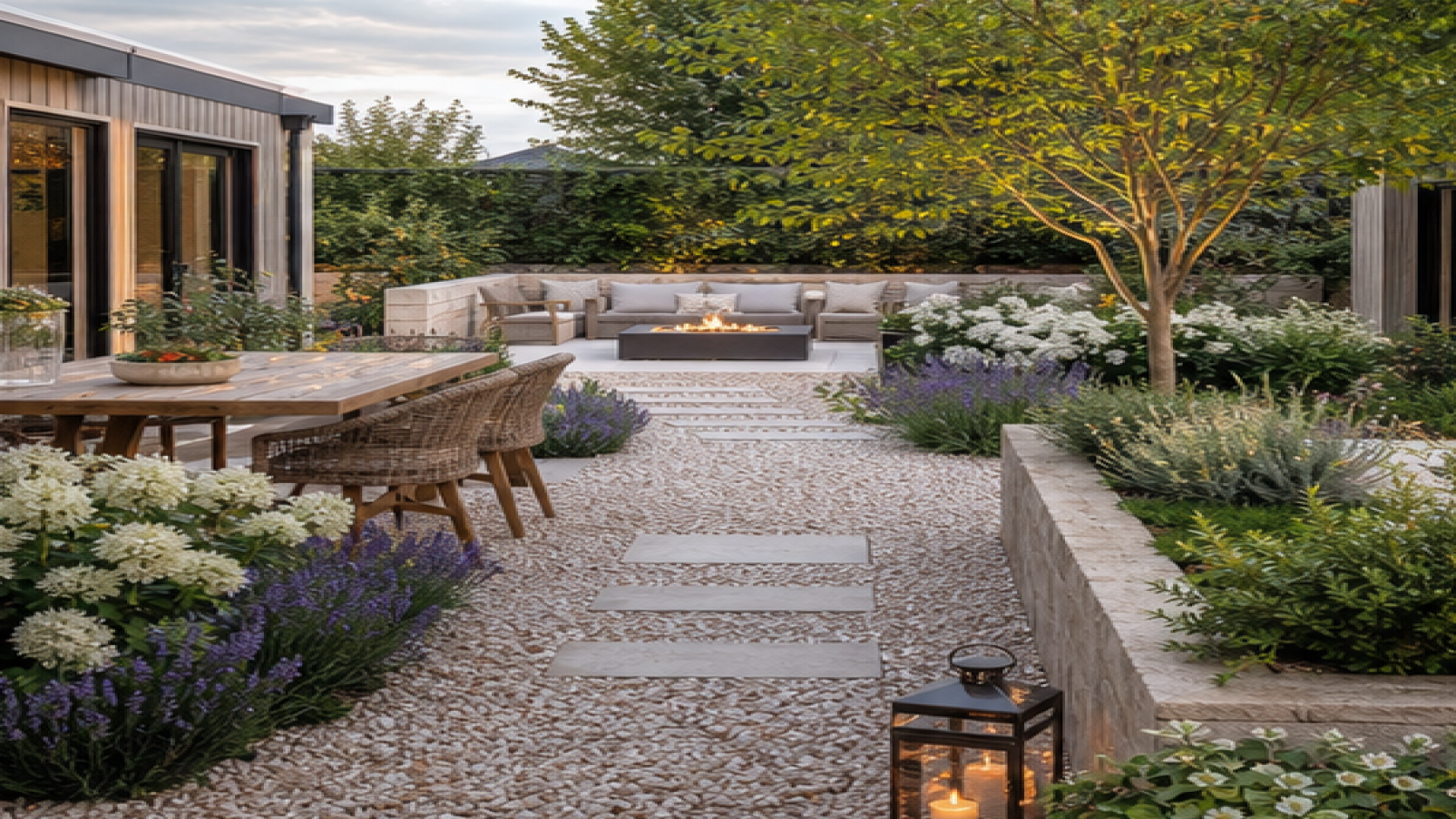 Patio Garden Ideas with a light gravel path