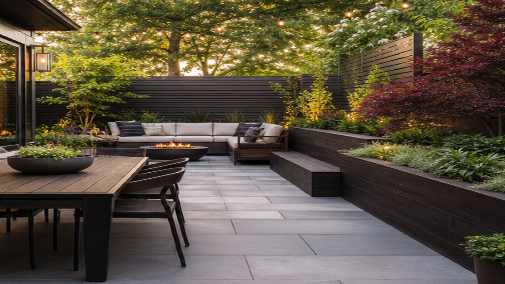 Patio Garden Ideas with dark wood accents