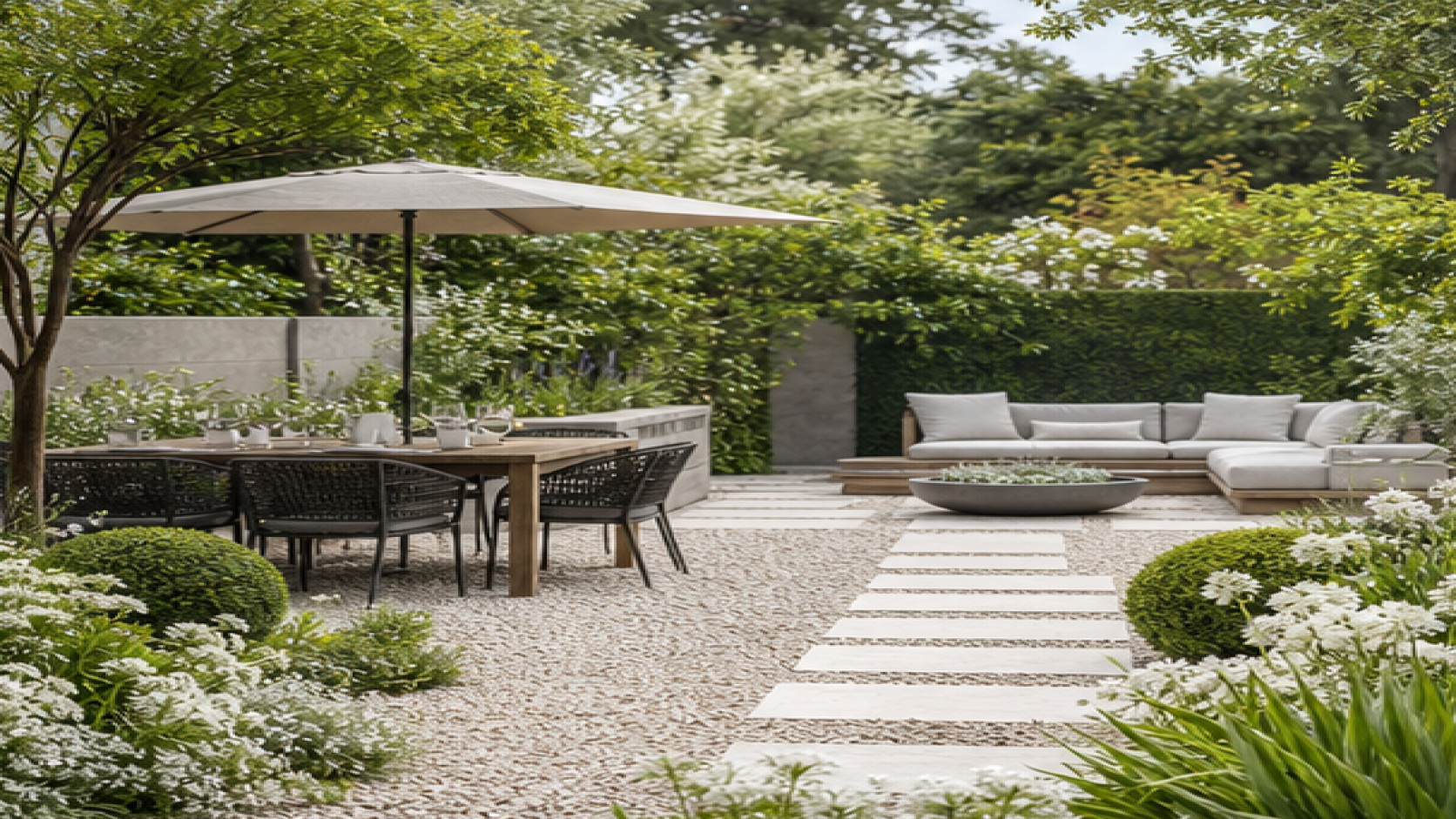 Patio Garden Ideas with a light gravel path