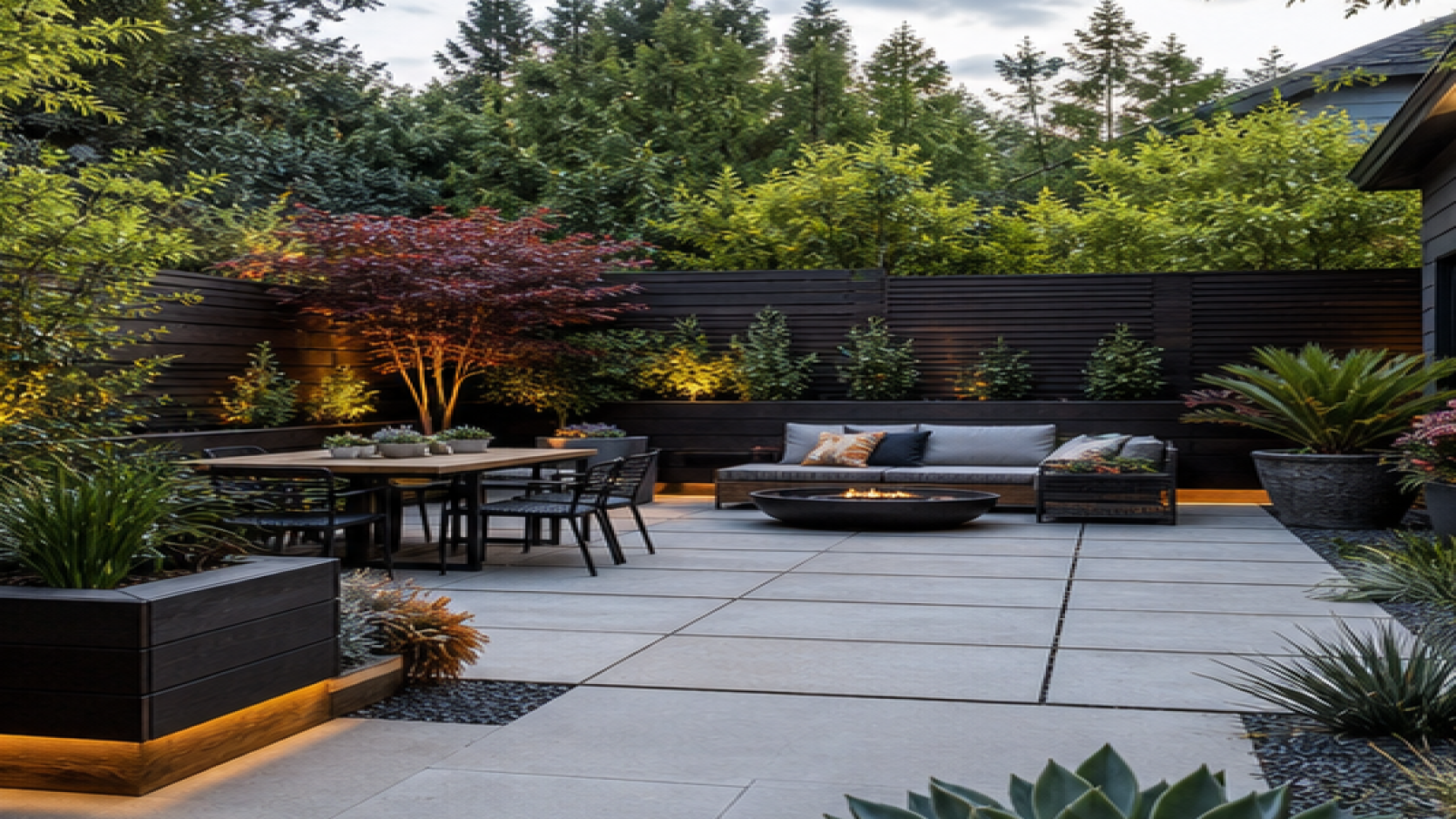 Patio Garden Ideas with dark wood accents