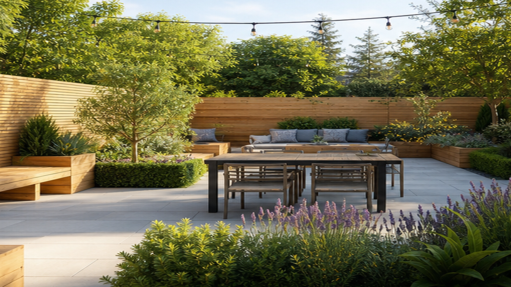 Patio Garden Ideas with natural wood accents
