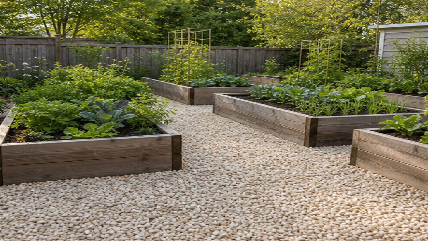 Raised Garden Bed Ideas with a light gravel path