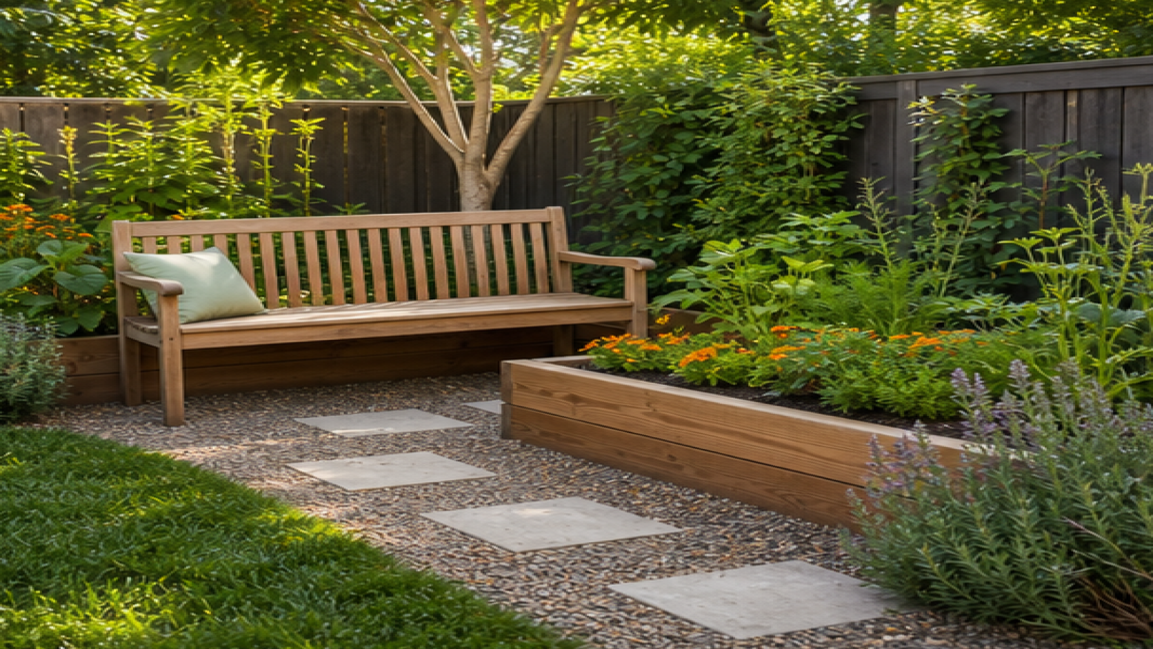 Raised Garden Bed Ideas with a garden bench
