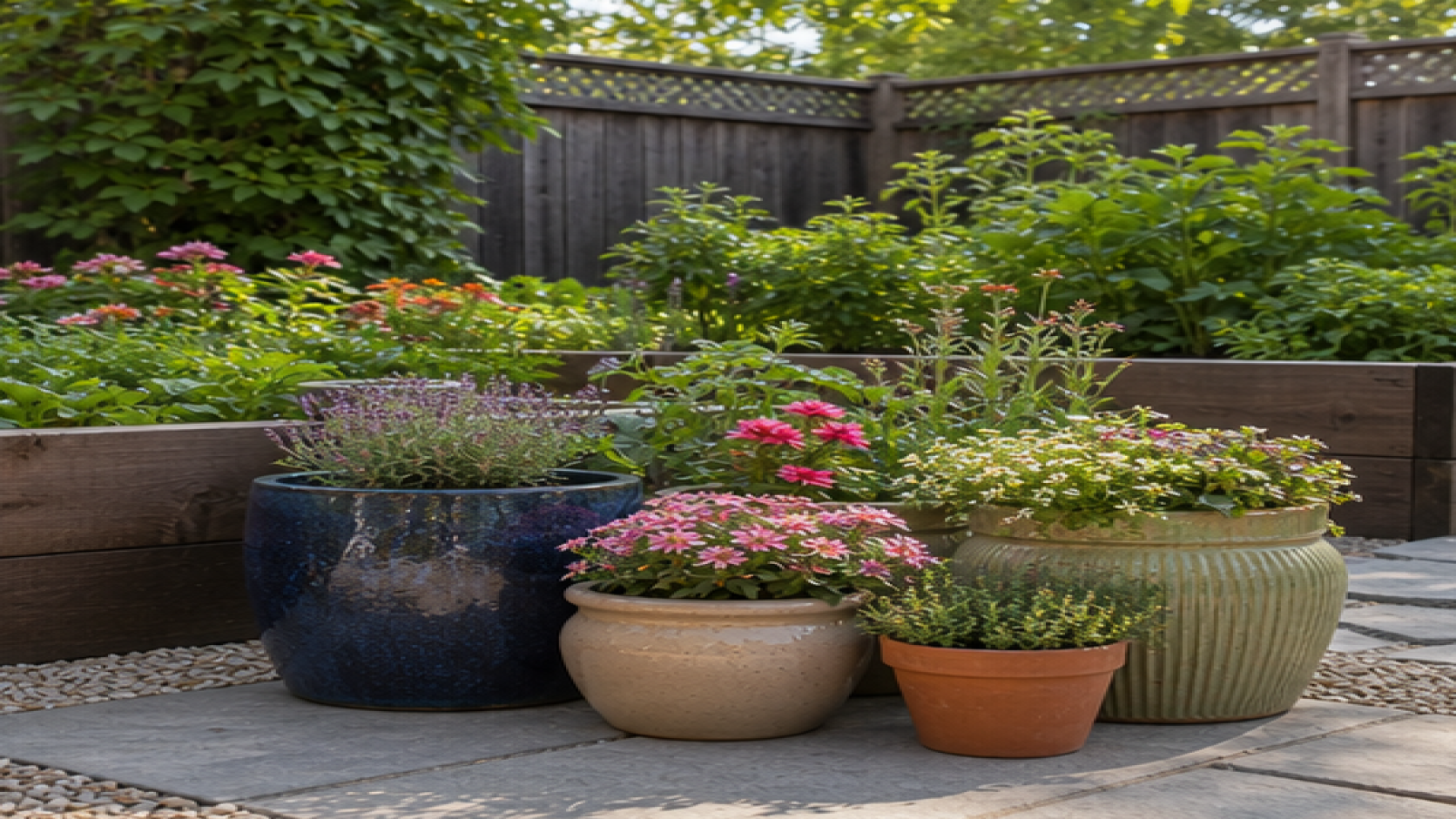 Raised Garden Bed Ideas with potted plant accents