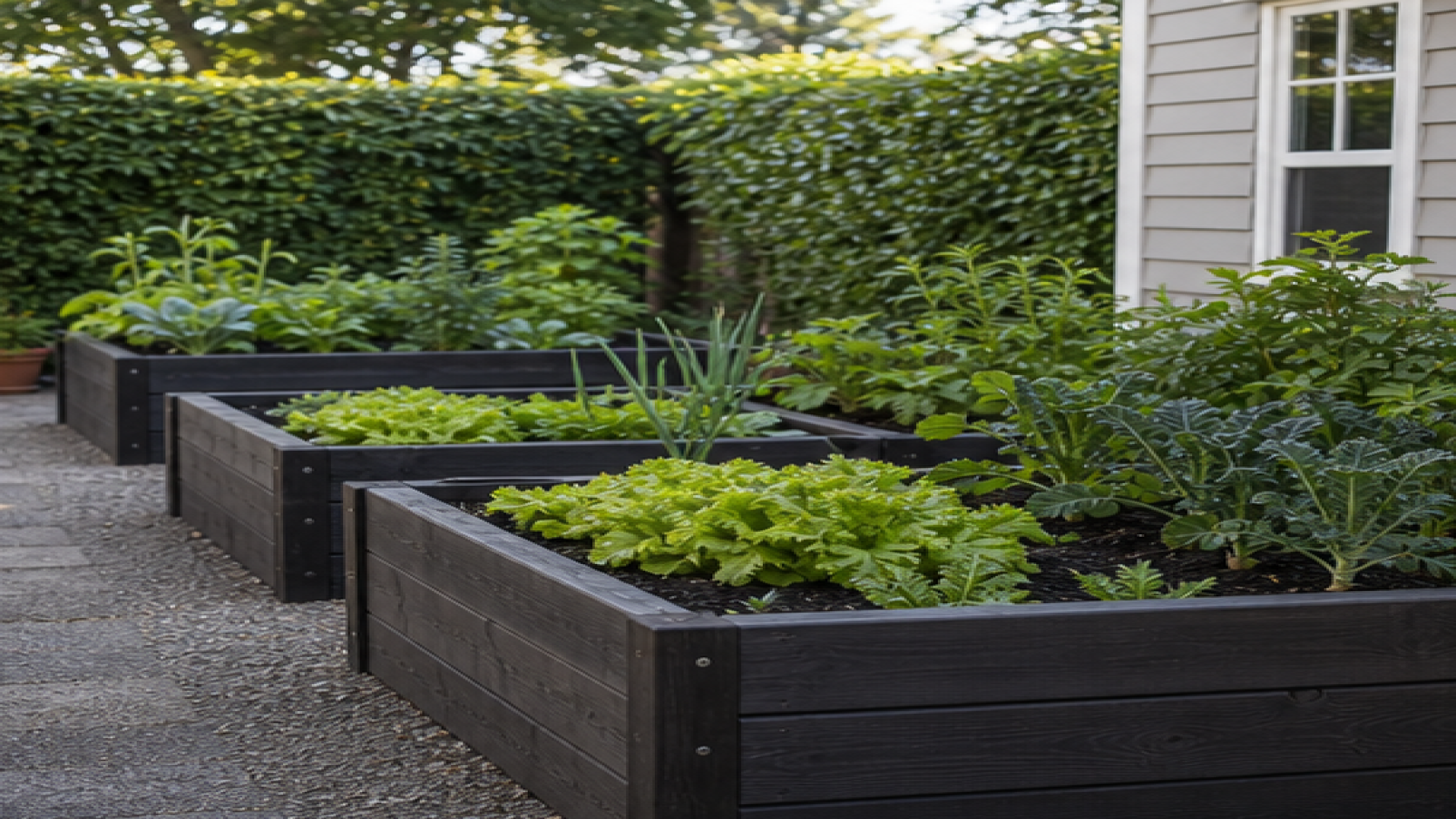 Raised Garden Bed Ideas with dark wood accents