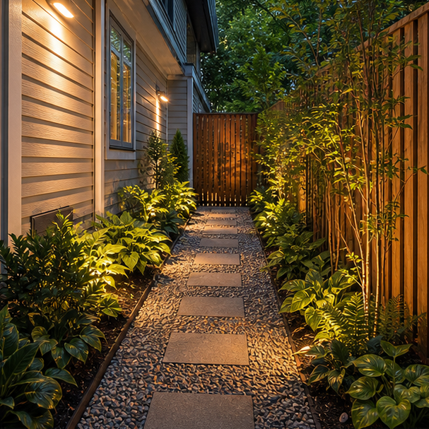 Side Yard Garden Ideas soft evening glow