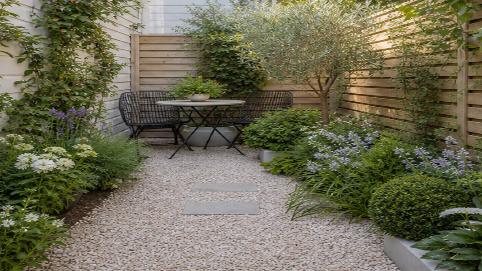 Small Garden Ideas with a light gravel path