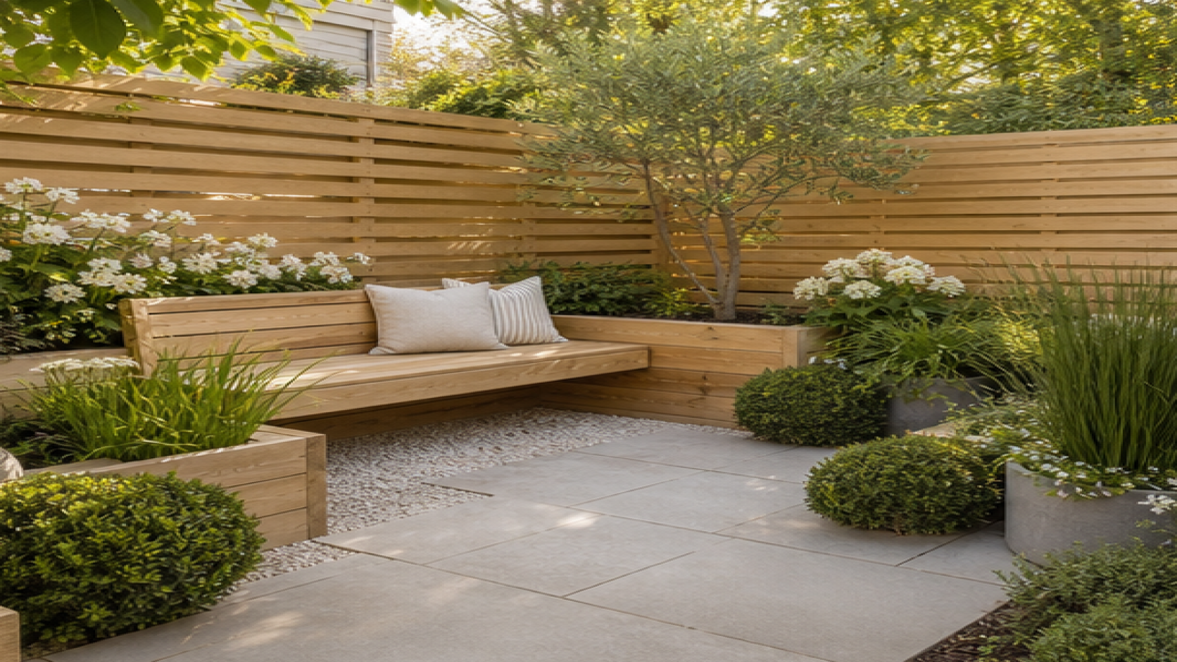 Small Garden Ideas with natural wood accents