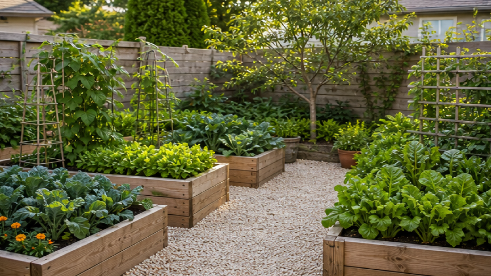 Vegetable Garden Ideas with a light gravel path