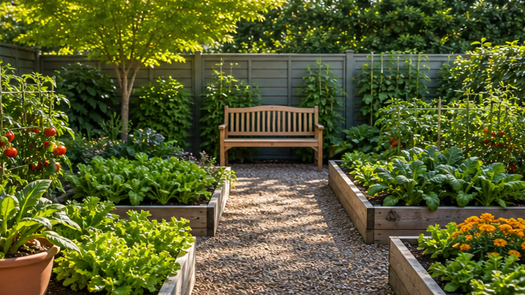 Vegetable Garden Ideas with a garden bench