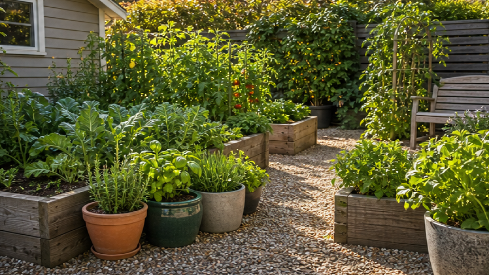 Vegetable Garden Ideas with potted plant accents